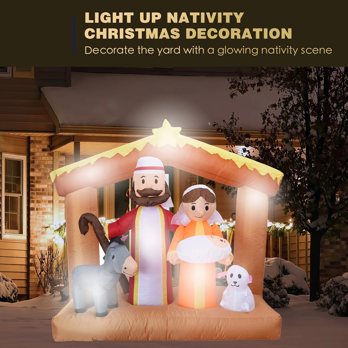 6FT LED Light Up Nativity Scene Inflatable Christmas Decoration with Holy Family Donkey and Sheep Blow Up Outdoor Toy Yard Decor for Garden Lawn Porch Church Xmas Holiday Party Home Ornament Gift