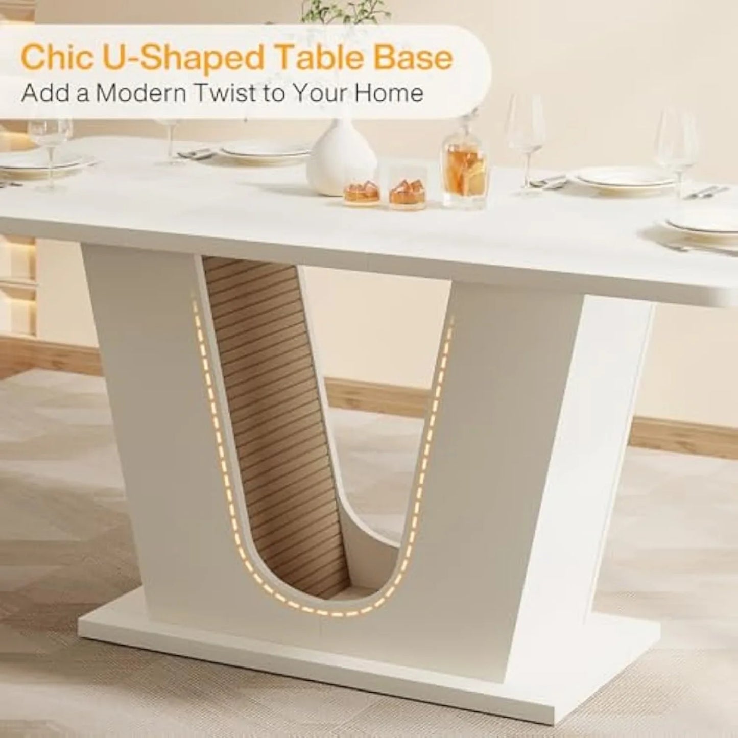 LITTLE TREE Modern Dining Table for 4-6 People, 55-Inch Rectangular Kitchen Table with U-Shaped Base,Cream White