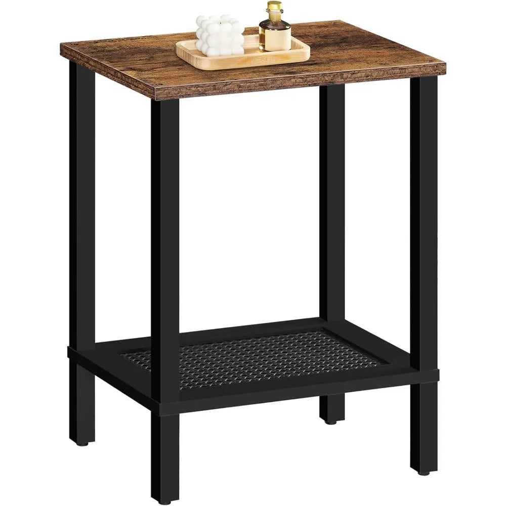 Small Side Table with Two Tier Storage and Faux Rattan Detail Rustic Brown and Black