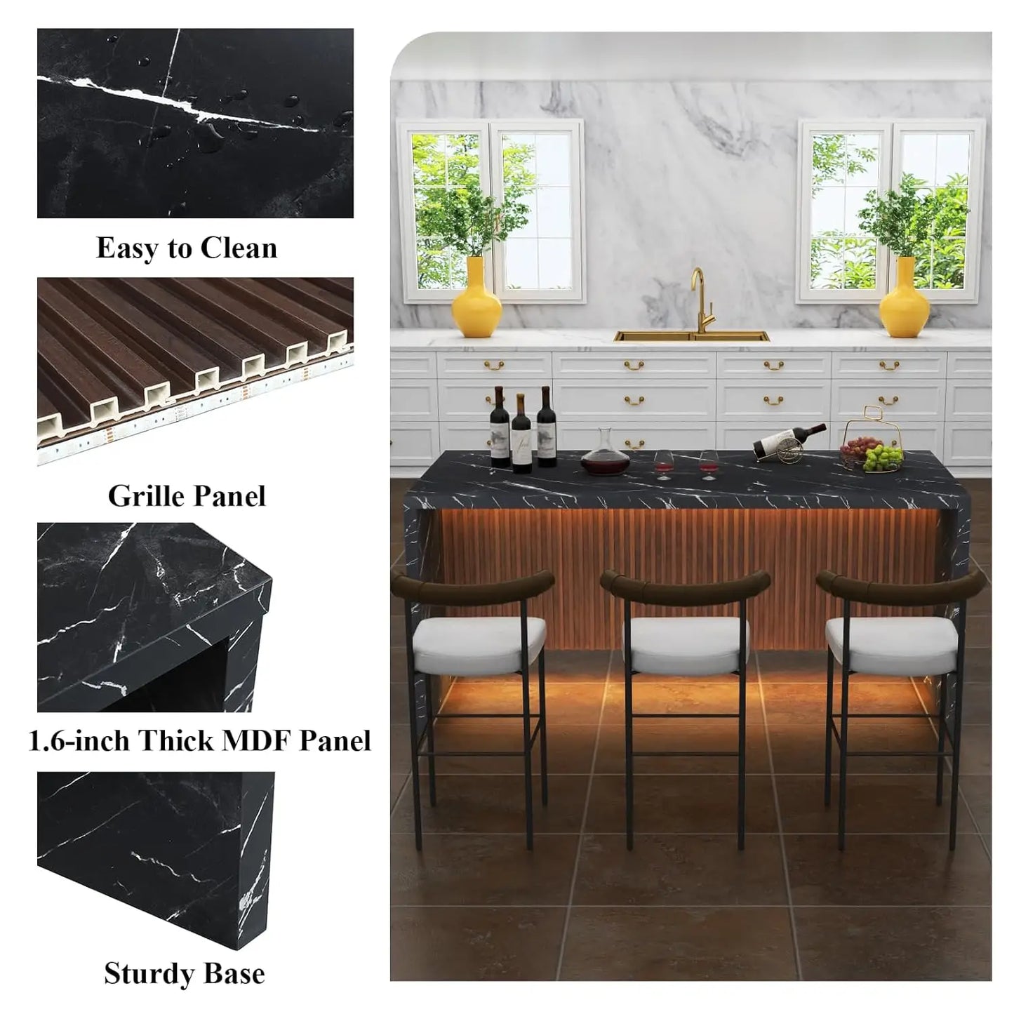 71" Large Imitation Marble Dining Table for 4-6 People, Island Table with LED Lights, Marble Stripes Kitchen Dining Tabl