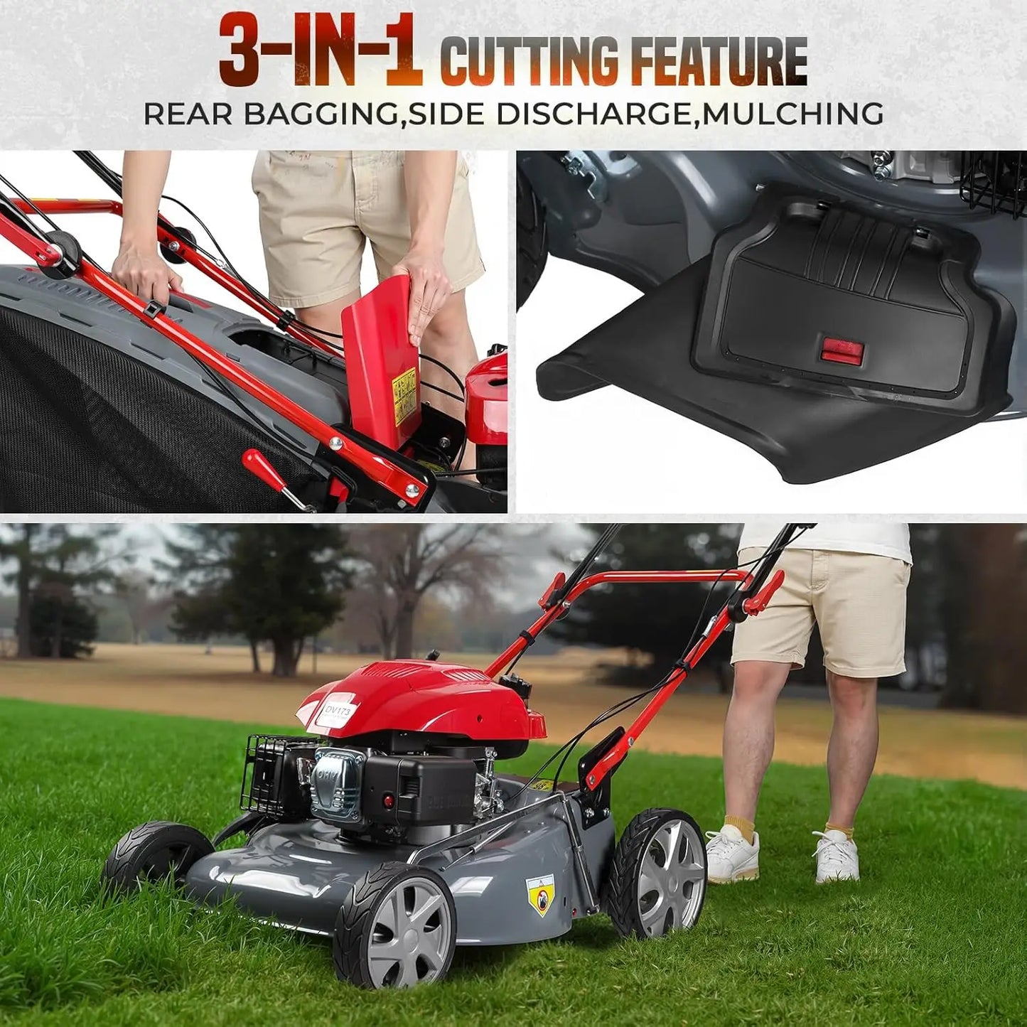 18-Inch Self-Propelled Lawn Mower, 131cc 3-in-1 Gas Lawn Mower with 50L Grass Bag, Mulch, Bag and Side-Discharge,Customized