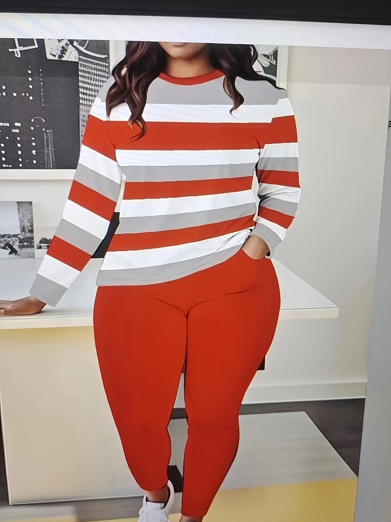 European and American plus size women's red, white, and gray color-block striped long-sleeve top and solid color ribbed pants set; crew neck loose casual loungear