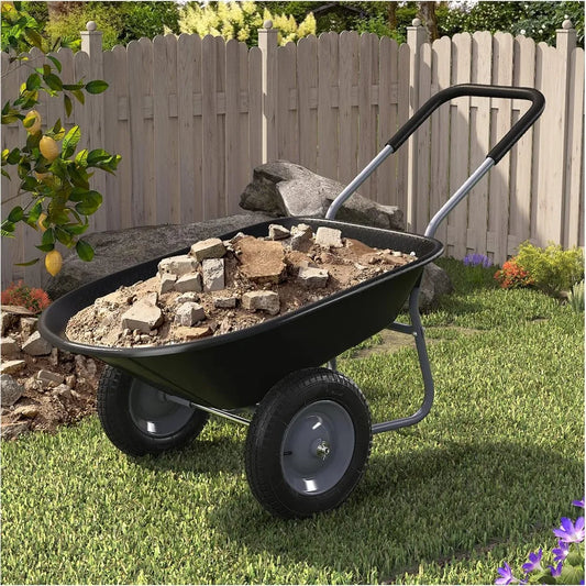 Enlarged 2-Wheel Wheelbarrow, Easy Loading and Dumping Garden Cart, Heavy Duty Utility Dump Cart for Outdoor Lawn Yard Farm Ran