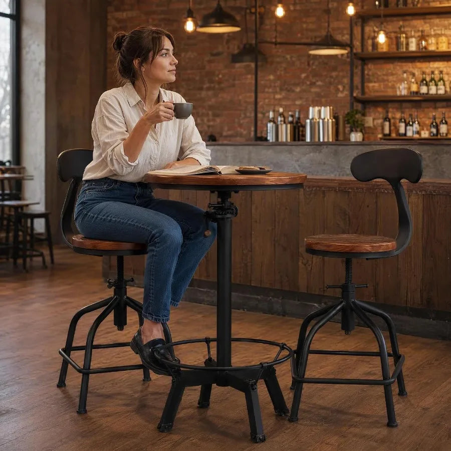 Three Piece Adjustable Bar Table and Stool Set with Black Iron Backrests