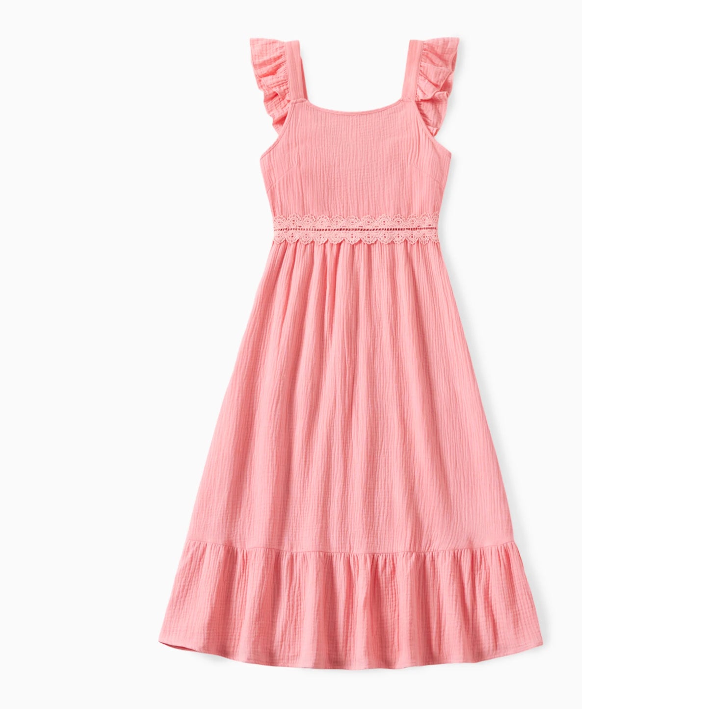 PatPat Family Matching Plaid Shirt and Pink Cotton Shirred Back Lace Waist Flutter Strap Dress Sets