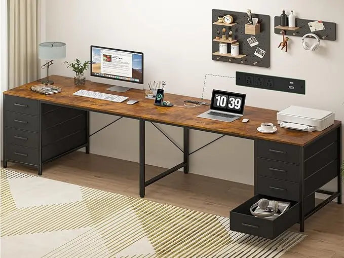 95" 2 Person Desk with 8 Drawers, Large Writing Home Office Desks with Outlets, I Shaped Workstation Double Desk Drawer Orga