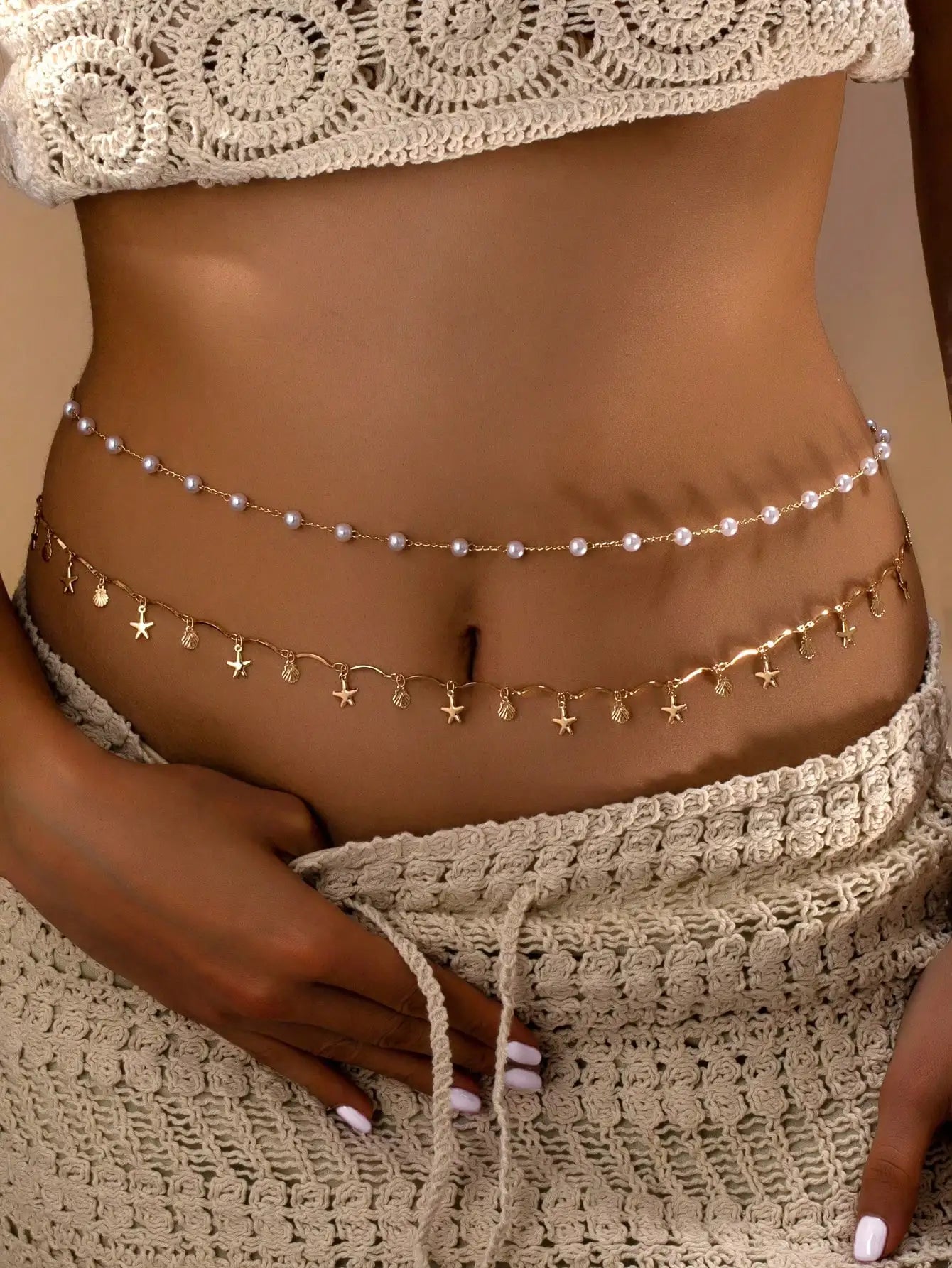 2pcs Bohemian Style Ocean Series Shell & Starfish Beaded Waist Chain For Women