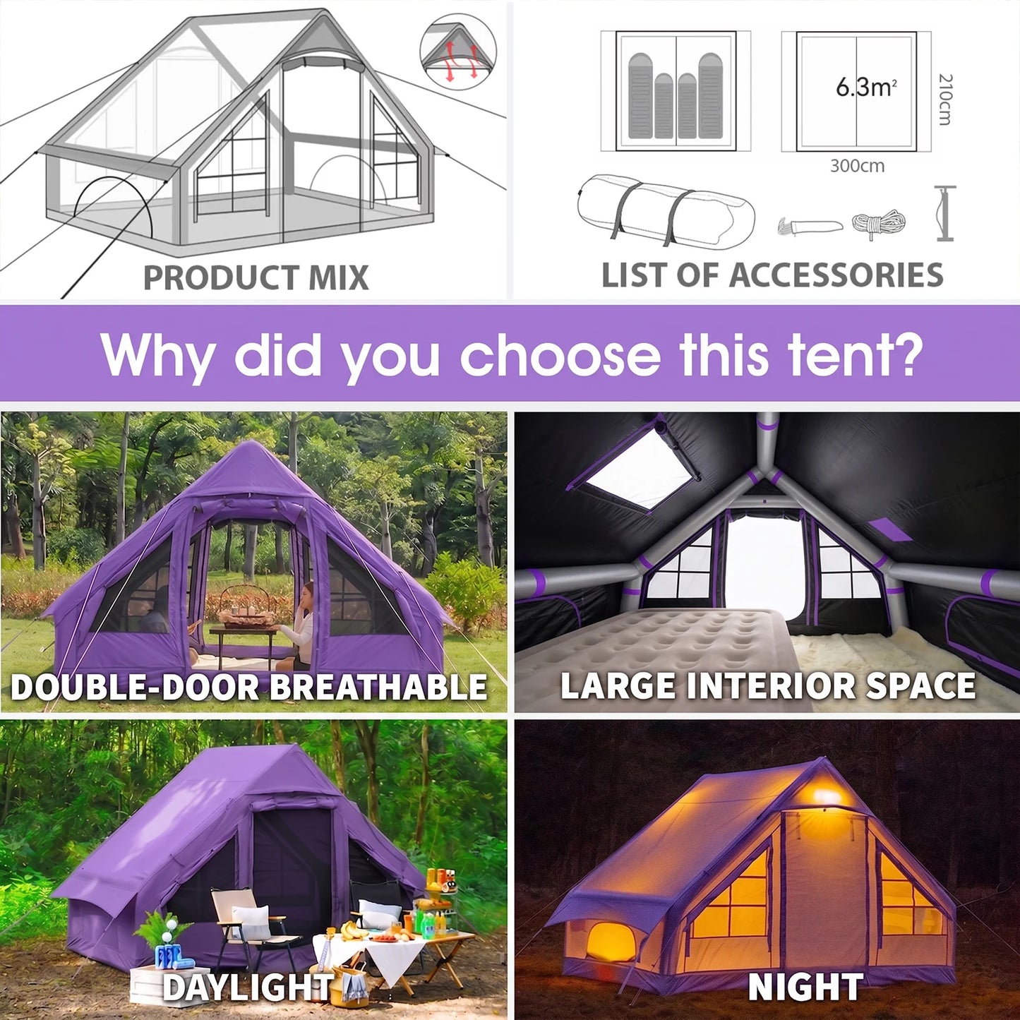 SENLEETO 67.8 SqFt Inflatable Camping Tent for 2-3 Person with Stove Jack,Black Coating Easy Setup Blow Up Tent with Skylight AC Vent Mesh Window