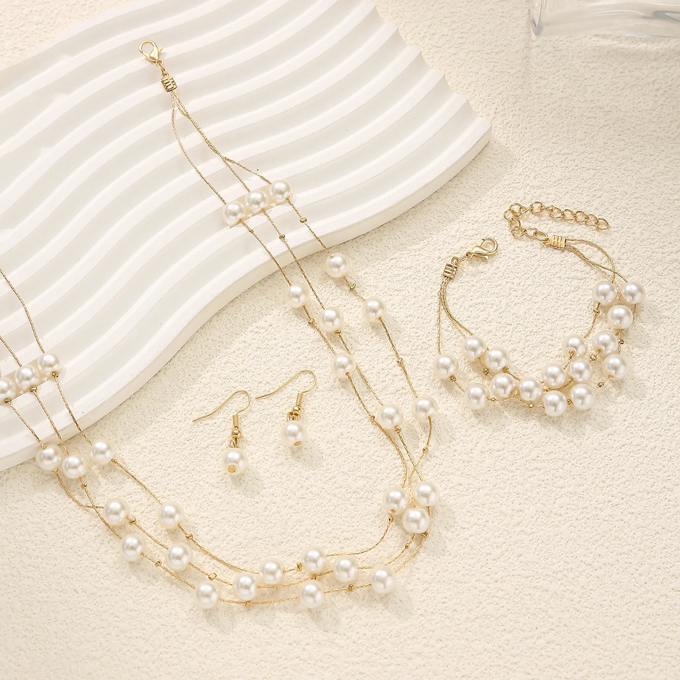 Elegant Fashion Multi-layer Stacked Imitation Pearl Necklace+Bracelet+Earrings Women's Jewelry Set Perfect Daily Party Wear Gift