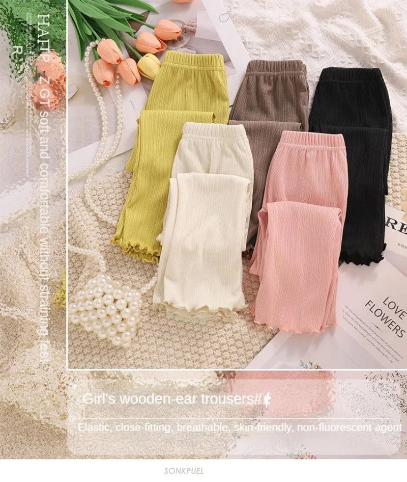 Children Summer Solid Color Thin Ribbed Knit Flared Pants Girls Casual Trousers Korea Fashion Pants Girl Princess Style Capris