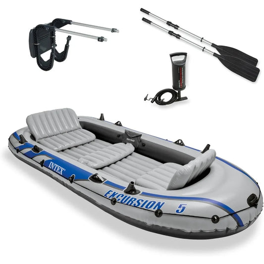 Excursion 5 Person Inflatable Outdoor Fishing Raft Boat Set with 2 Aluminum Oars and Air Pump with a Composite Motor Mount Kit