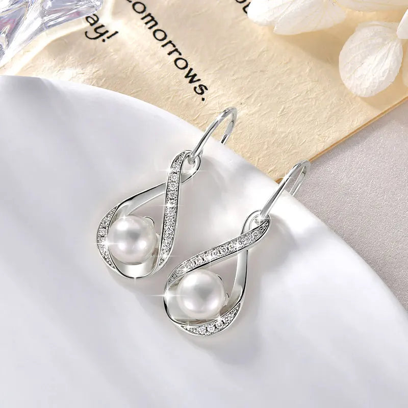OXTAO Infinity D Moissanite Dangle Hook Earrings for Women 8mm Natural Freshwater Pearl Earrings Wedding Jewelry Gift 14K Gold Filled