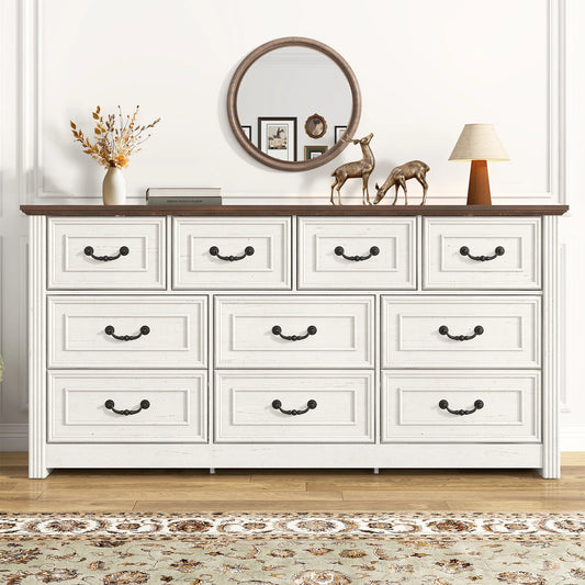 Farmhouse 10 Drawer Dresser for Bedroom, 63” Wood Chest of Drawers with Rustic Handles, Wide Closet Dressers Organizer