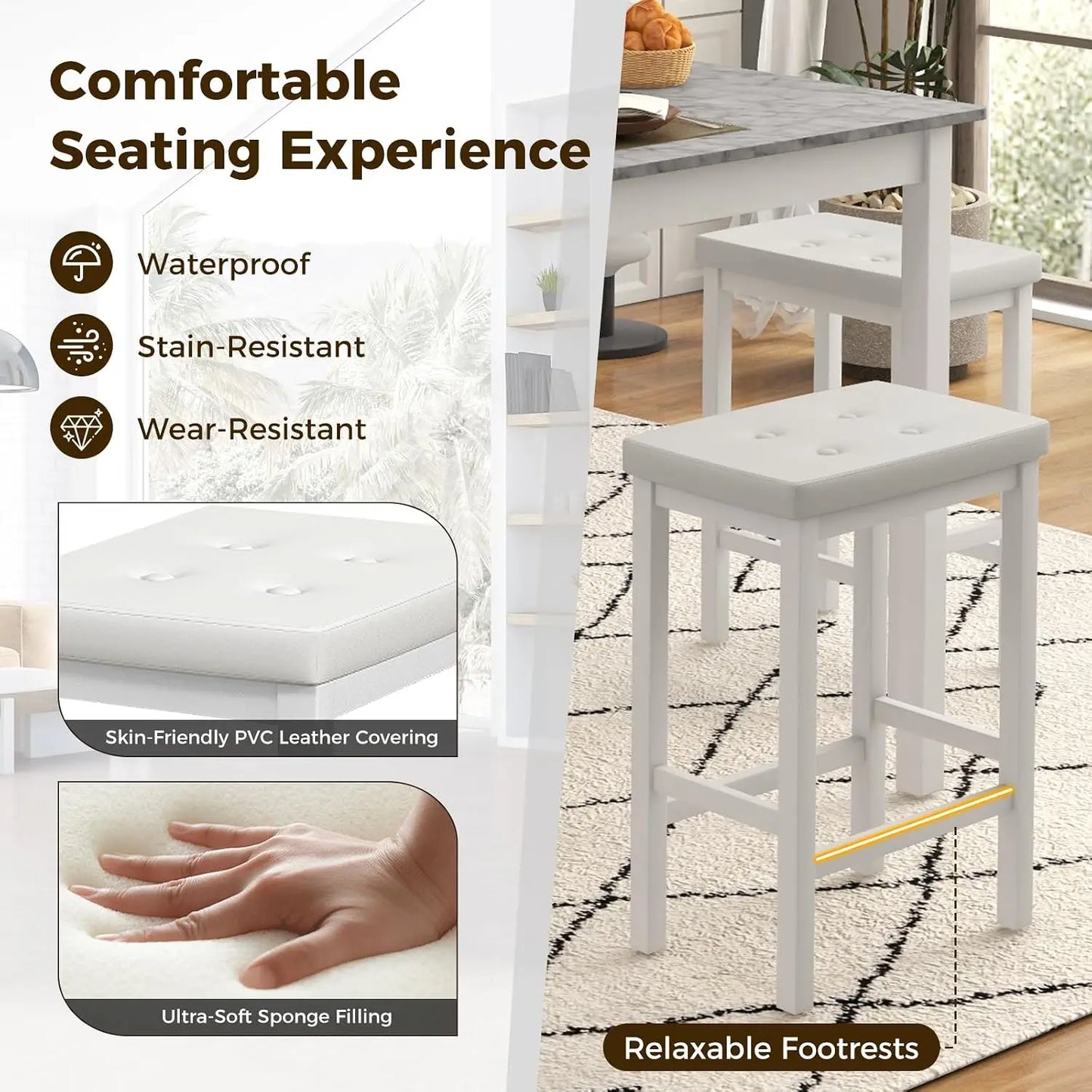 Counter Height Dining Table Set For 4, Space Saving Kitchen Table With 4 Padded Bar Stools, Elegant Faux Marble Breakfast Nook Table Set for Apartments Dining Room, White