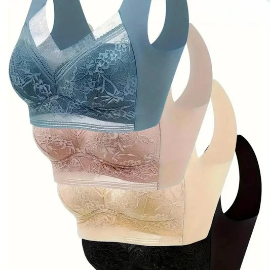 4-Pack Women's Lace Bralettes Seamless, breathable, fullcoverage In blue, beige, black, and nude with floral patte