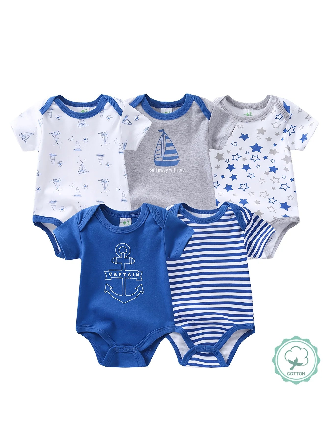 5pcs Baby Boy Triangle Rompers, Creative Baby Bodysuits, Short Crawler Onesies, Short Sleeve Jumpsuits with Sailboat Pattern, Soft Breathable Casual Infant Clothes, Newborn Hospital Essentials, Bargain, for Outdoor