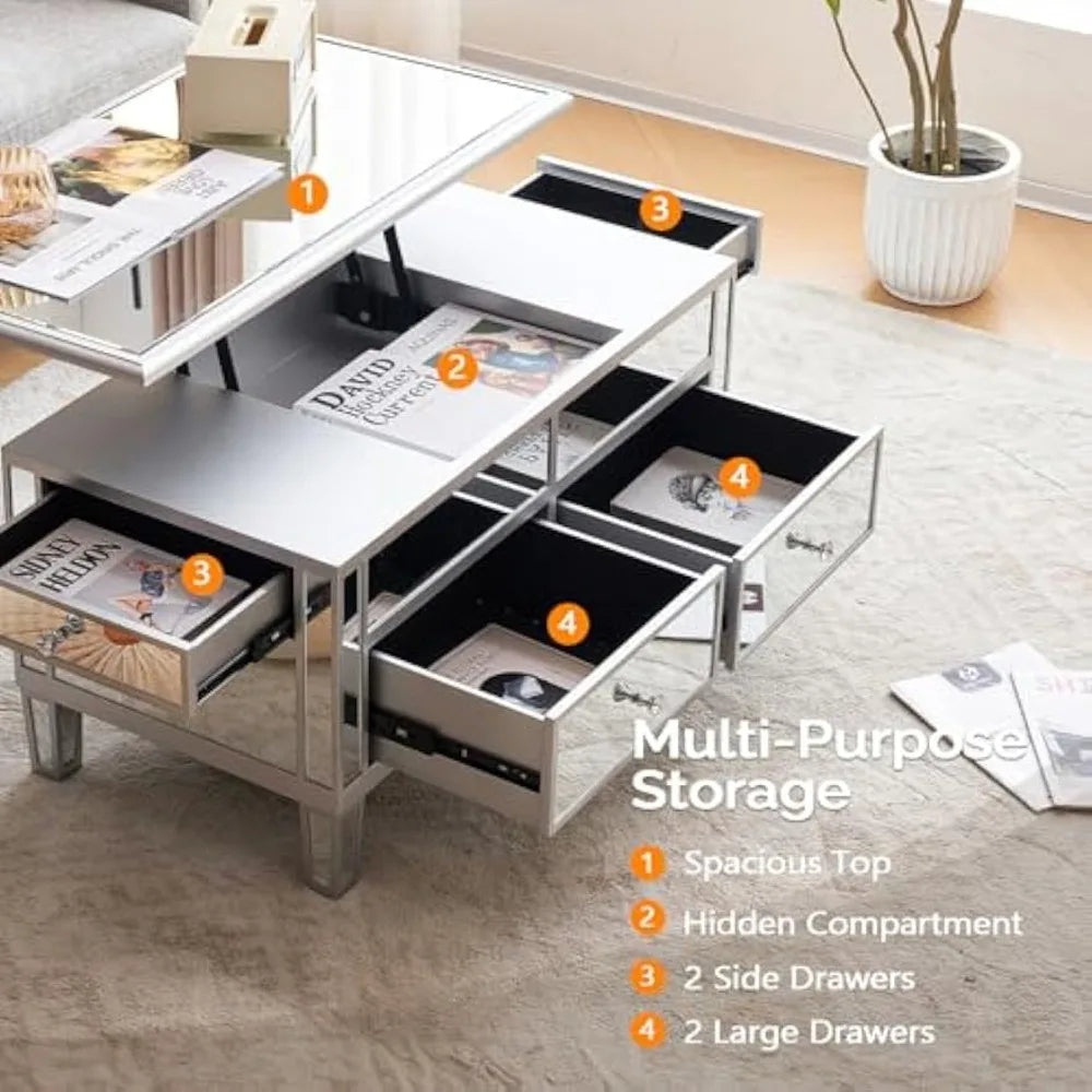 Modern Lift Top Coffee Table with Drawers for Living Room, Silver, 35" x 19" x 18"