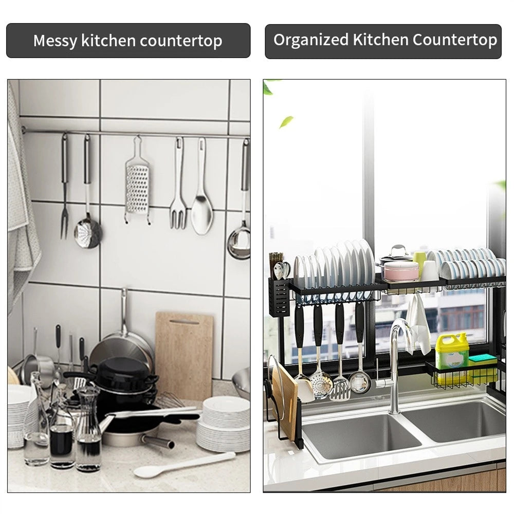 Dish Drying Rack - Over The Sink Dish Drainer Drying Rack with Utensil & Knife Holder, Hooks, Stainless Steel Kitchen Organizers