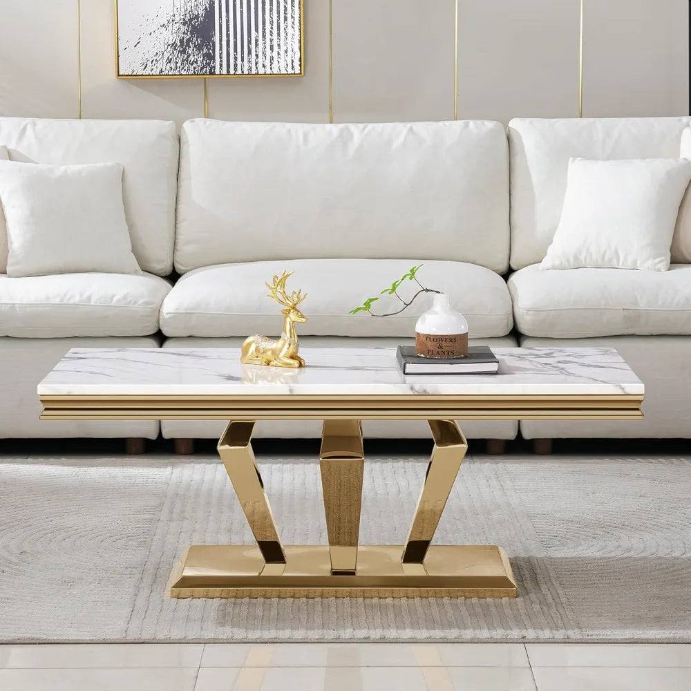 Luxury Marble Coffee Table with Stainless Steel Pedestal, 47" Modern Gold Coffee Table for Living Room, Rectangle Faux Marble To
