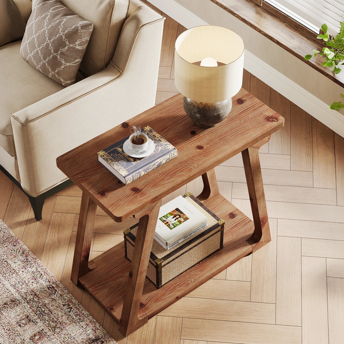 2-Tier Solid Wood End Table, Narrow Side Table, Rectangle Farmhouse Nightstand for Living Room, Bedroom, Easy Assembly