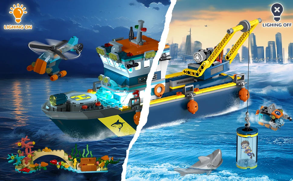 HOGOKIDS Floatable Boat Building Set with LED-Fun Arctic Explorer Ship with Helicopter Sub Shark Cage Birthday Gift for 6+kids