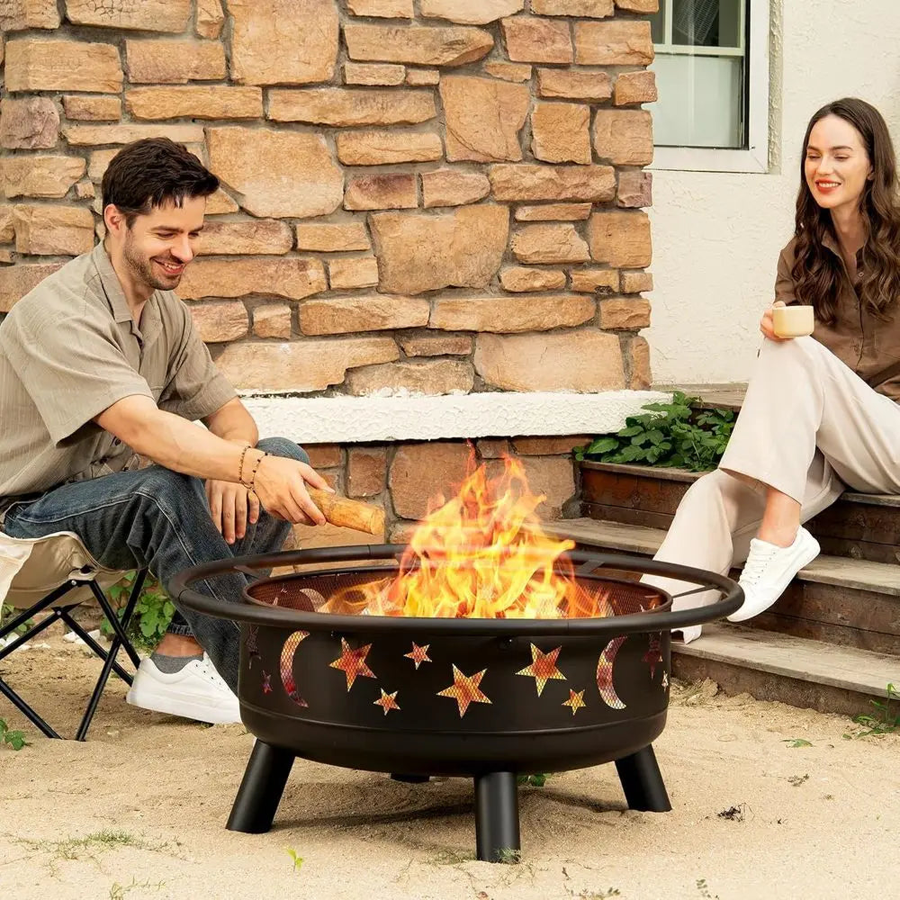 32 Inch Round Fire Pit with Mesh Cover, Fire Poker, Star and Moon Design, Metal Wood Burning Outdoor Fire Pit for Patio, Backyar