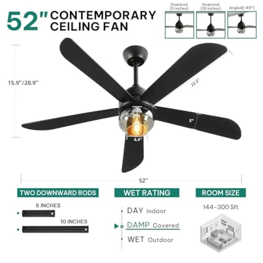 Ceiling Fans with Lights, Unique Designs for Glass Lampshade and Fan Blades, Ceiling Fan, 6 Speeds, Reversible Quiet DC Motor F