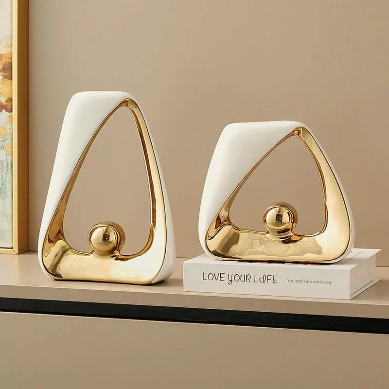 Ceramic Crafts Statues Abstract Ornaments Decorative Figurines Geometric Triangles Golden Ball Skeleton Sculpture Home Decor