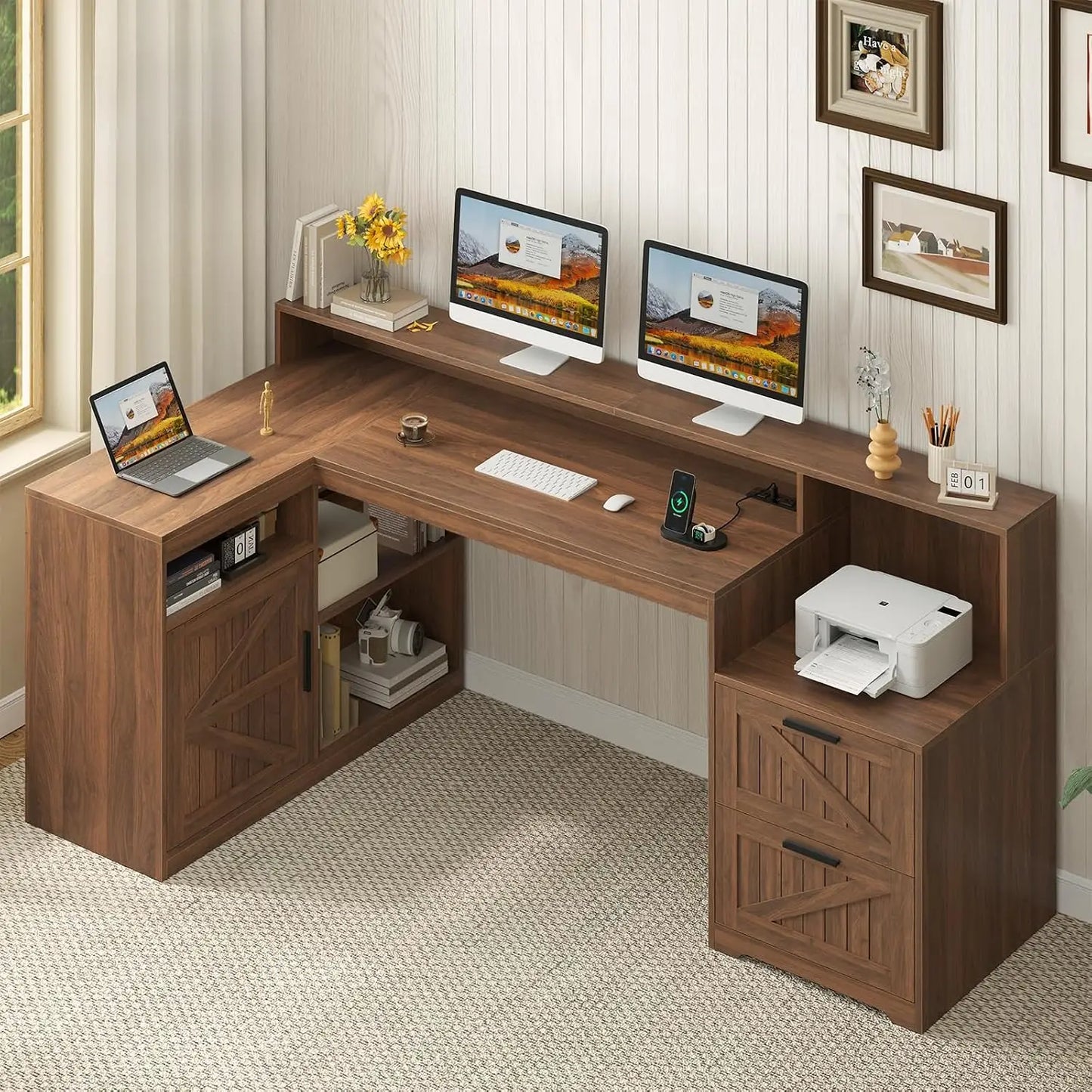 62.2" Farmhouse L Shaped Home Office Desk, Drawers, Storage Shelves & Power Outlet, Custom