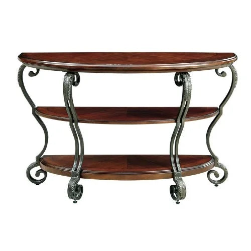Traditional Brown Cherry Sofa Table With Open Shelf And Ornate Scroll Legs