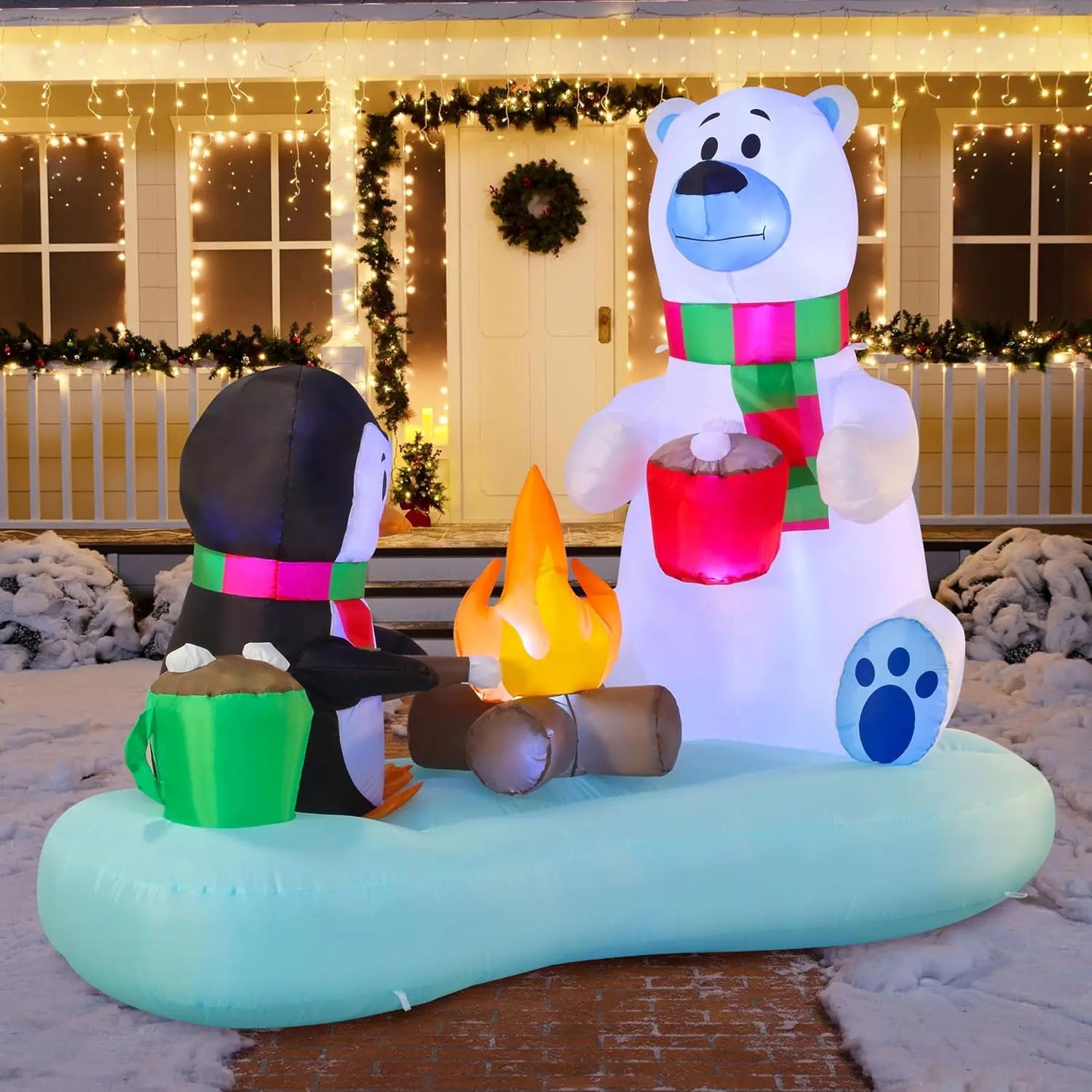 JOYFY 6 FT Long Christmas Inflatable Polar Bear and Penguin with Campfire Decoration for Xmas Party Christmas Decoration
