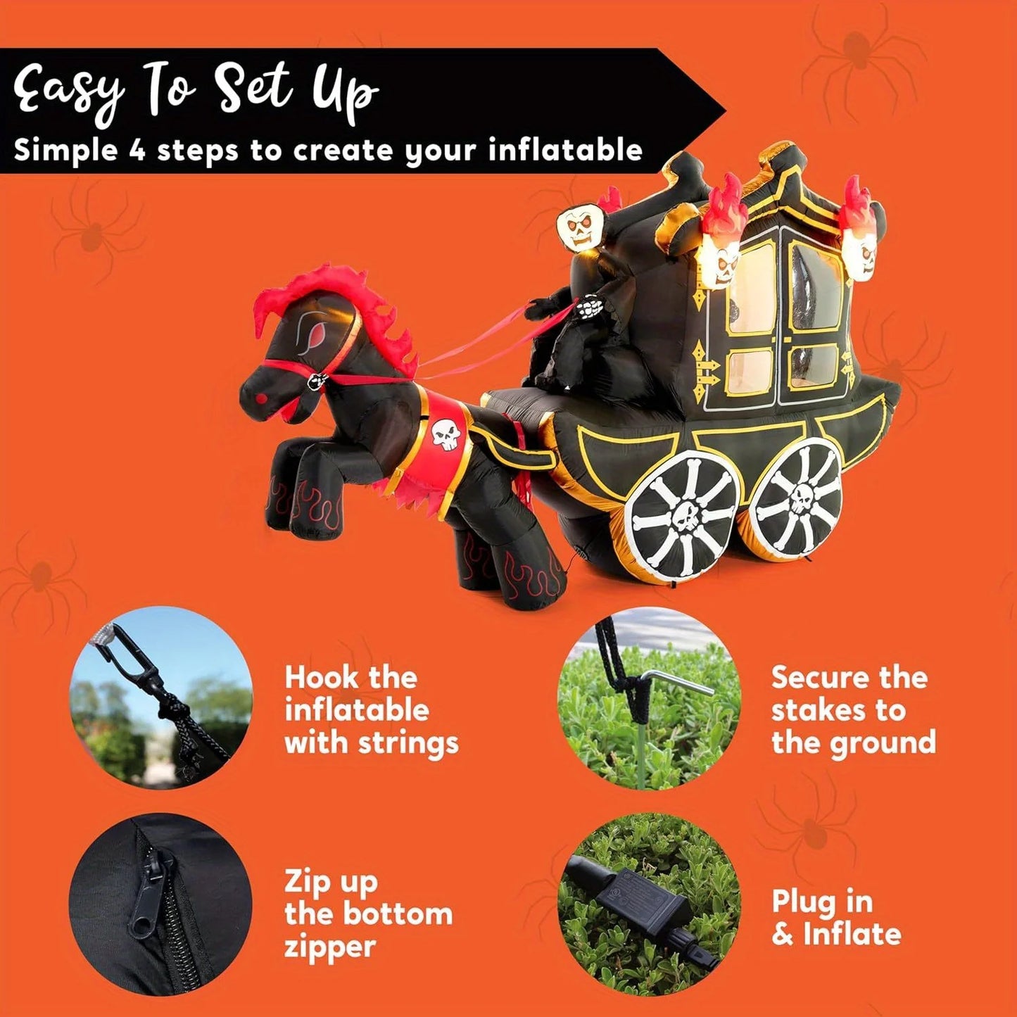 10 Ft Long Halloween Inflatables Carriage Outdoor Decorations with Hellfire Design, Inflatable Carriage with Build-in LEDs Halloween Blow Up for Yard, Party Decoration Outside Garden Lawn, Photobooth Props