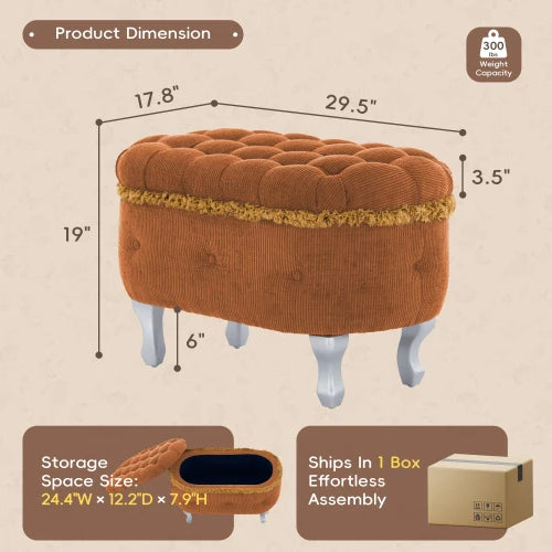 29.5 Inch Storage Bench, Button Tufted Upholstered Storage Ottoman With Fringe