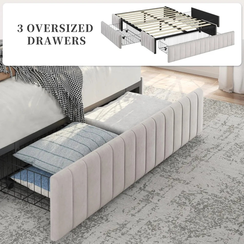 Yaheetech Full Bed Frame Upholstered Platform Bed with 3 Storage Drawers, Large Storage Space/Strong Wooden Slats/Non-Slip and N