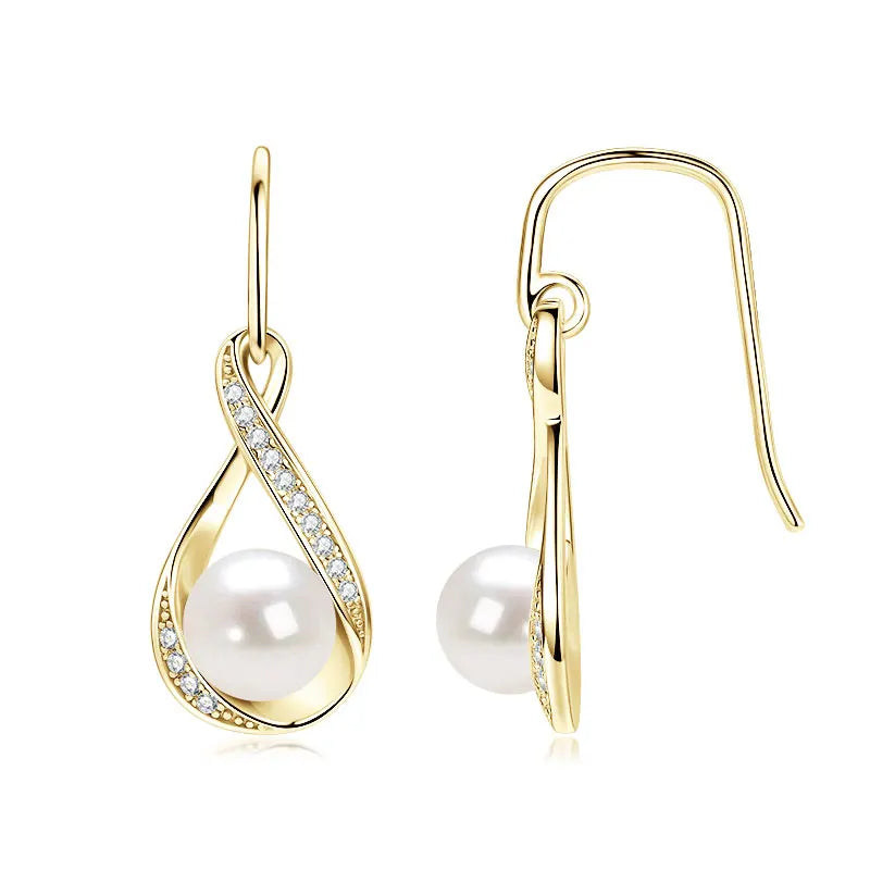OXTAO Infinity D Moissanite Dangle Hook Earrings for Women 8mm Natural Freshwater Pearl Earrings Wedding Jewelry Gift 14K Gold Filled