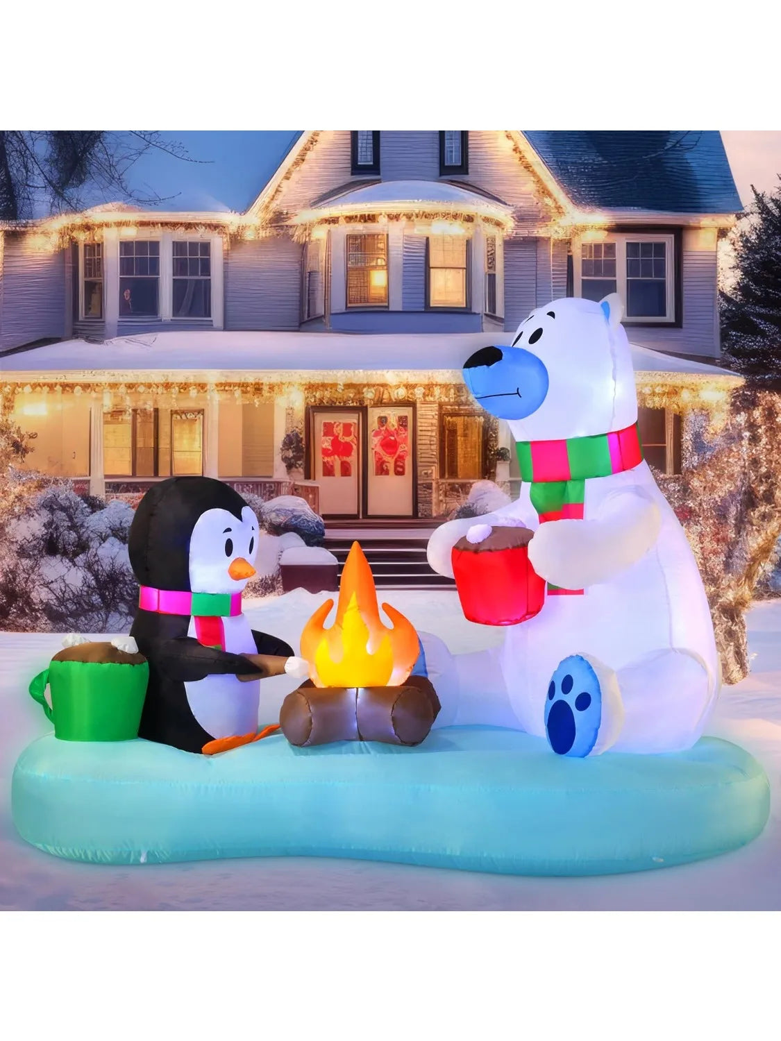 JOYFY 6 FT Long Christmas Inflatable Polar Bear and Penguin with Campfire Decoration for Xmas Party Christmas Decoration