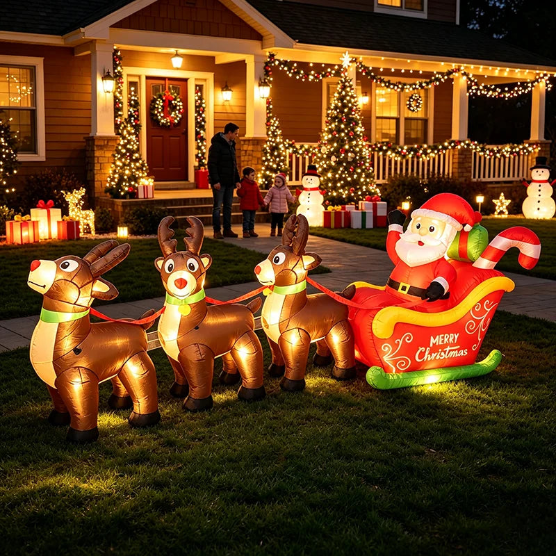 2026 New 9.8FT Christmas Big Inflatable Santa Sleigh with 3 Reindeer LED Blow Up Outdoor Yard Decor for Garden Lawn Holiday Party lovely Santa Claus LED Lighted