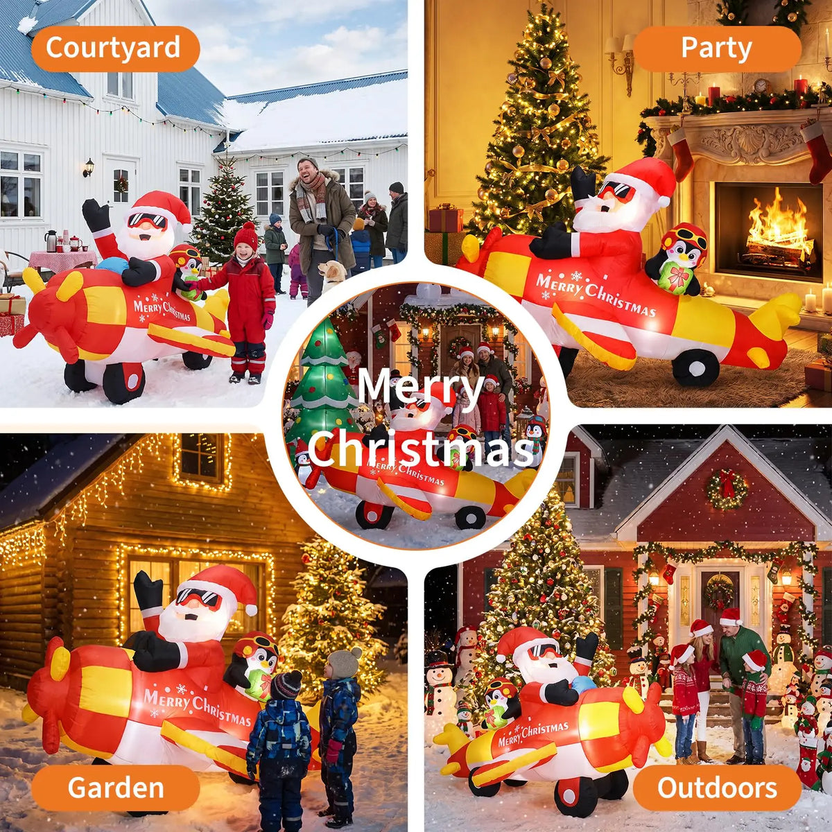 8FT Christmas Inflatable Santa Airplane With Penguin Gift Box LED Outdoor Decor