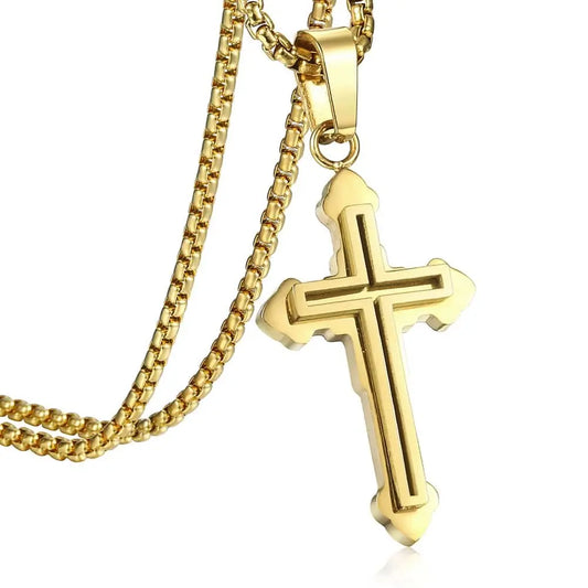 Hermah Stainless Steel Cross Pendant Necklace for Men Women Gold Silver Color Double Layers Cross Necklace Religious Jewelry