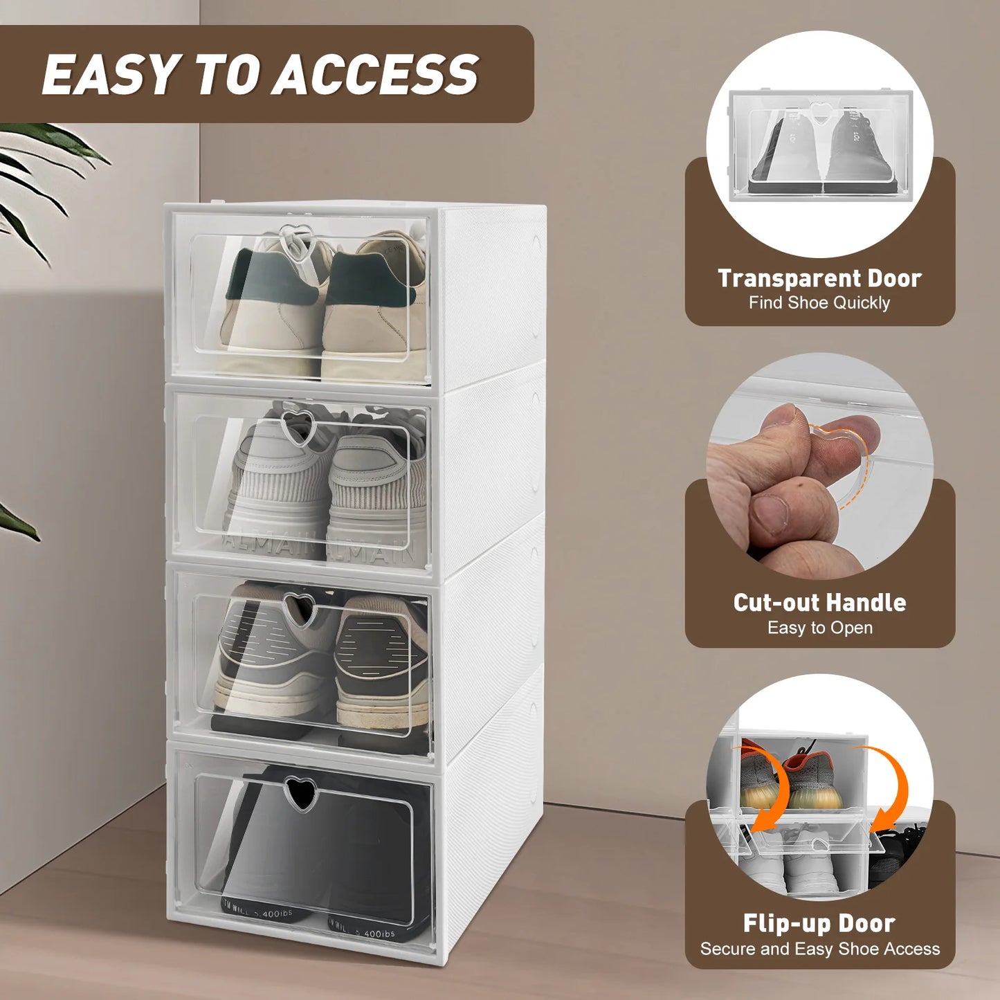 20PCS Stackable Shoe Storage Box W/Flip-Up Door - Space Saving Clear Plastic Organizer for Home Dorm Apartment