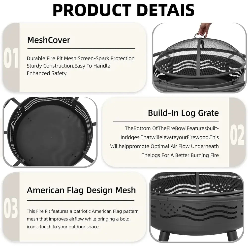 32 Inch Round Metal Wood Burning Fire Pit with Mesh Cover & Poker, Perfect for Outdoor Patio, Garden, Backyard Gatherings, Ideal