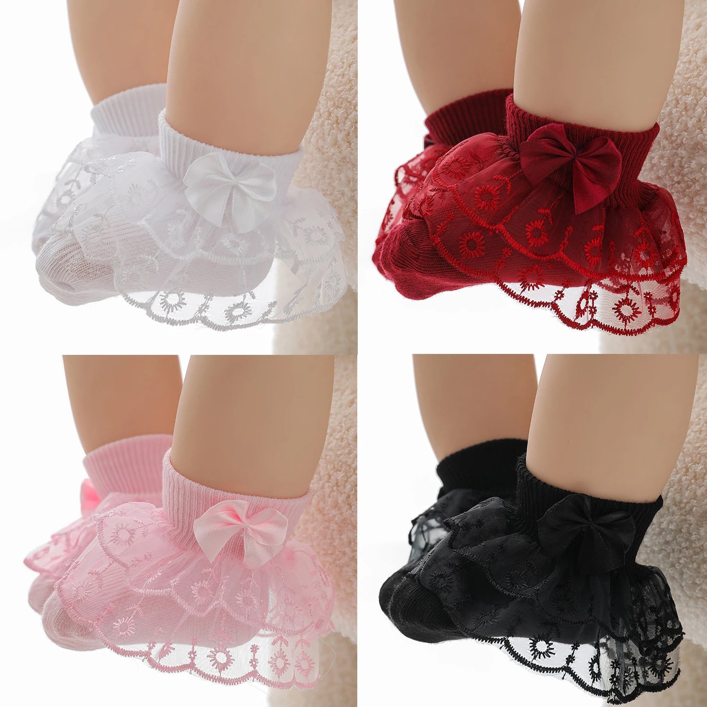6 pairs of baby girl mid-calf socks with lace ruffle trim, breathable and comfortable lace socks, cute princess socks