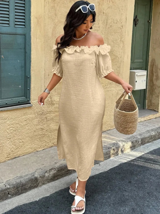 Plus Size Women's Slouchy Slimming Beach Vacation Dress, Off-Shoulder Puff Sleeve Loose Hem Slit Dress