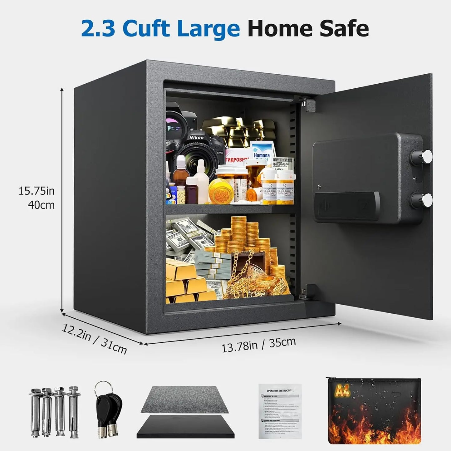 [ 2.3 Cu.ft. ]PATRON Fireproof Safe for Home,Digital Security Home Cabinet Safes for Money Cash Documents,Safe Box with Electron