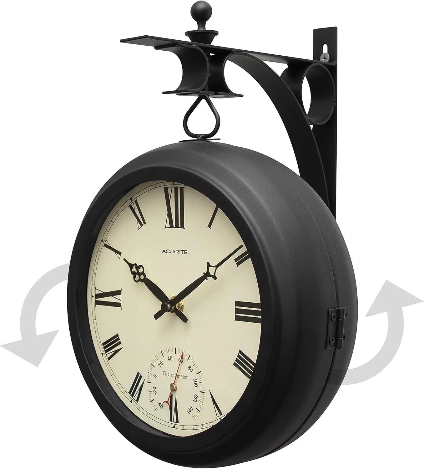 Double-Sided Indoor/Outdoor Hanging Clock with Thermometer, 360° Spin, Silent Quartz Movement, Black Metal Frame