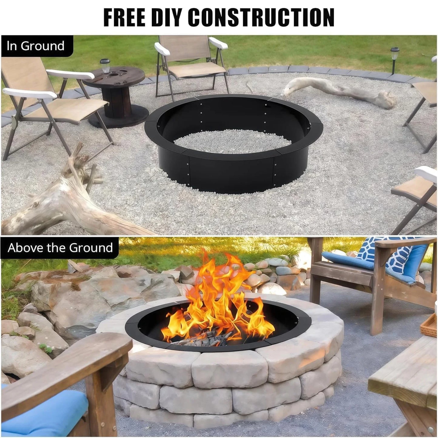 Round Fire Pit Ring 48/60 Inch, Carbon Steel Outdoor Campfire Ring With Vent Holes For Firewood Garden Patio Camping
