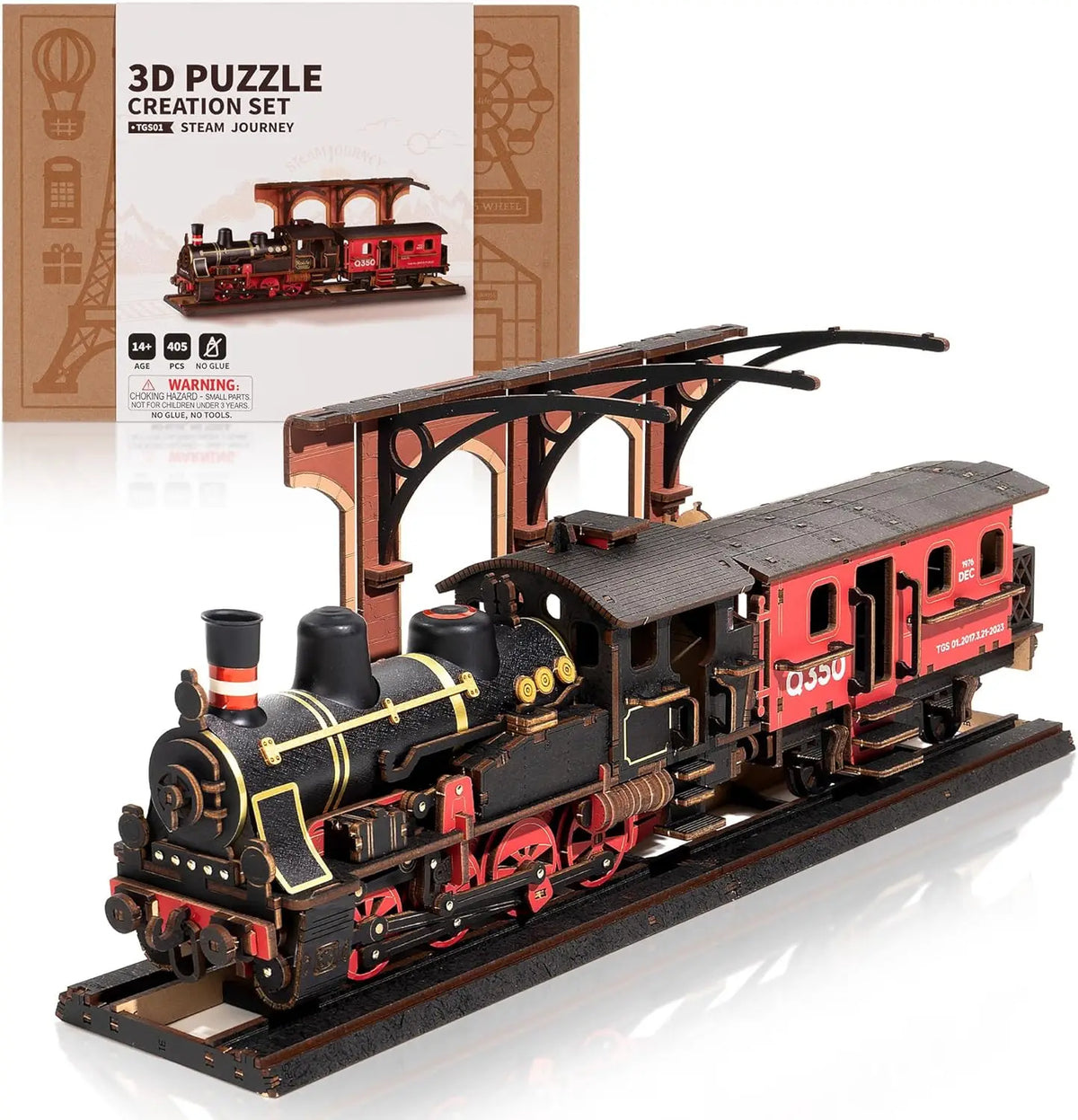 Rolife 3D Wooden Puzzle Steam Journey Mechanical Vehicle Model Building Kit DIY Puzzle Toys for Home Desk Decor Gifts for Adults