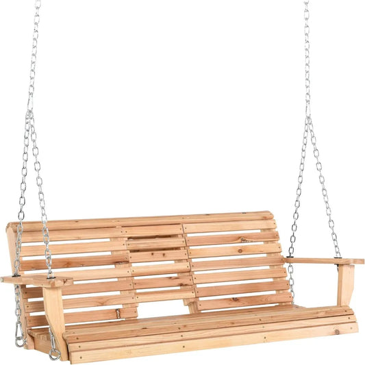 3-Seater Wooden Porch Swing, Patio Swing Bench with Folding Coffee Table, Cup Holders and Chains Included, 440lbs Weight Capaci