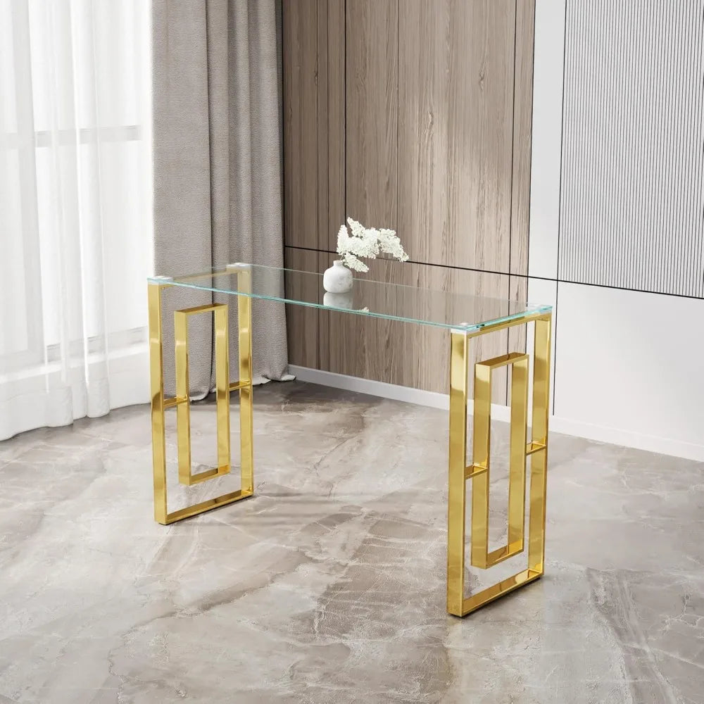 Toughened Glass Console Table,Clear Glass Accent Console Sofa Table with Stainless Steel Frame,Gold Entry Tables for Hallway, So