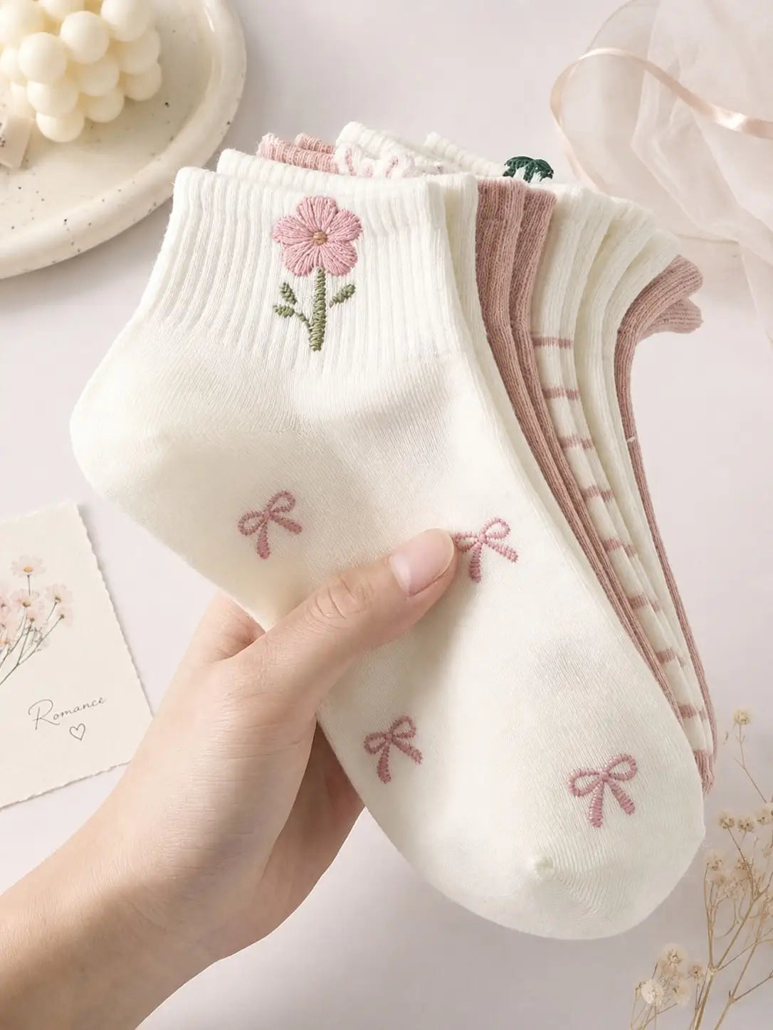 5 Pairs Women's Cute Bow & Floral Pattern Short Socks, Fashionable College Style, Comfortable & Breathable, Versatile For Daily, Sports, Casual Wear, Suitable For Spring, Summer, Autumn